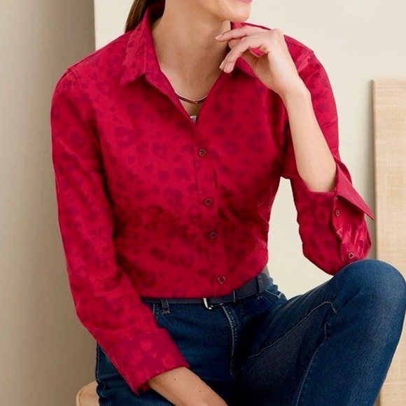 Chicos No Iron Chic Stretch Heart Leopard Print Button Up Shirt - Picture 1 of 15
